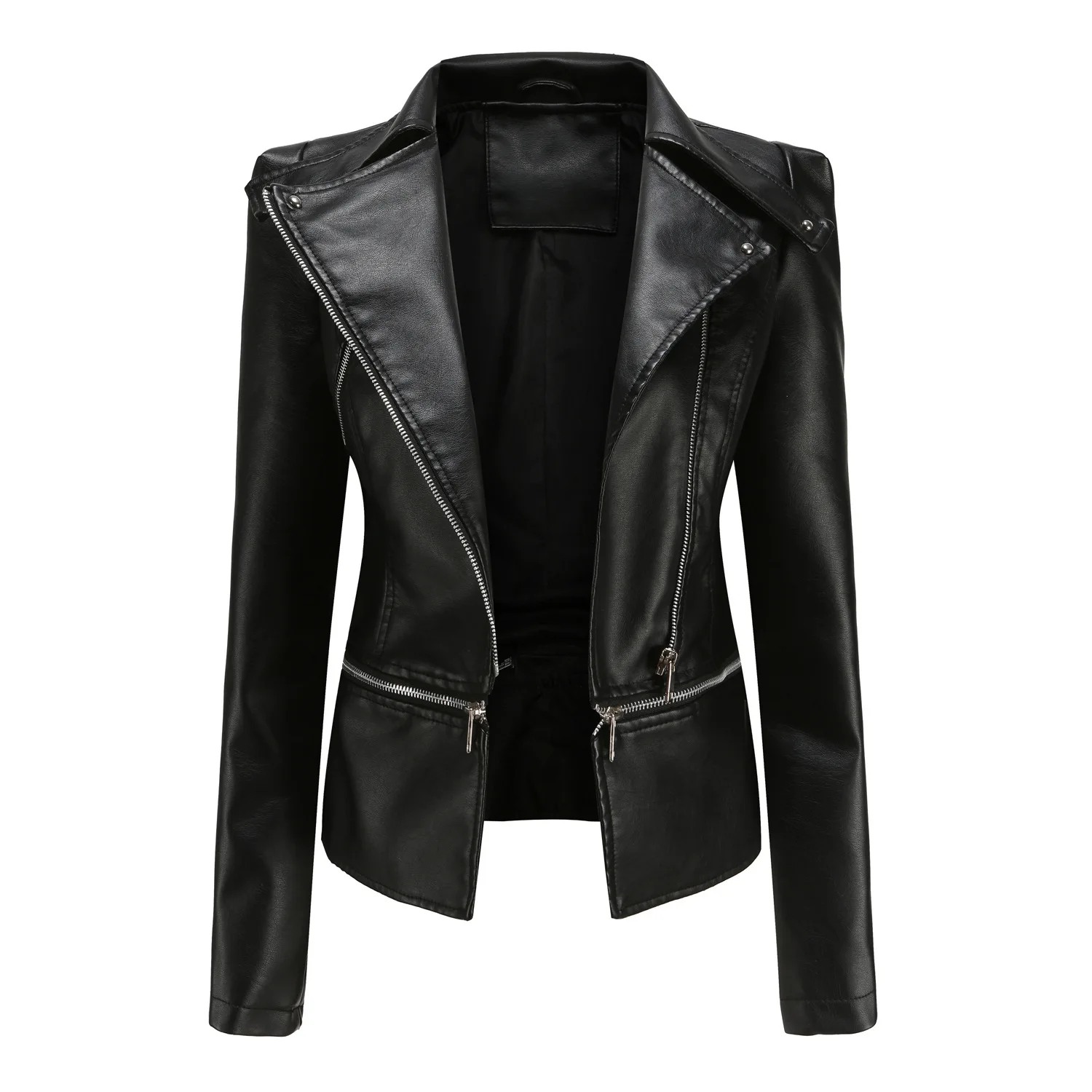 

Fashion Detachable Hem PU Leather Jacket Women 2023 New Autumn Lapel Long Sleeve Slim Motor Biker Coat s657