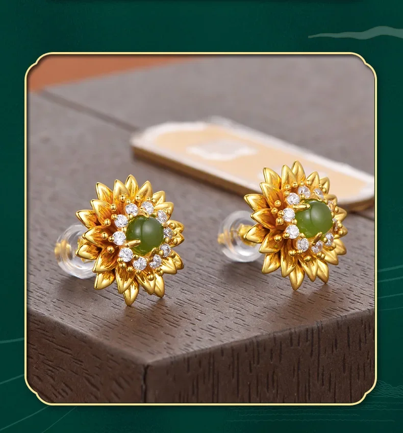 Chinese Palace Style S925 Sterling Silver Gilt Inlay and Tian Yuxin Retro Daisy Light Luxury Earrings Women Gift