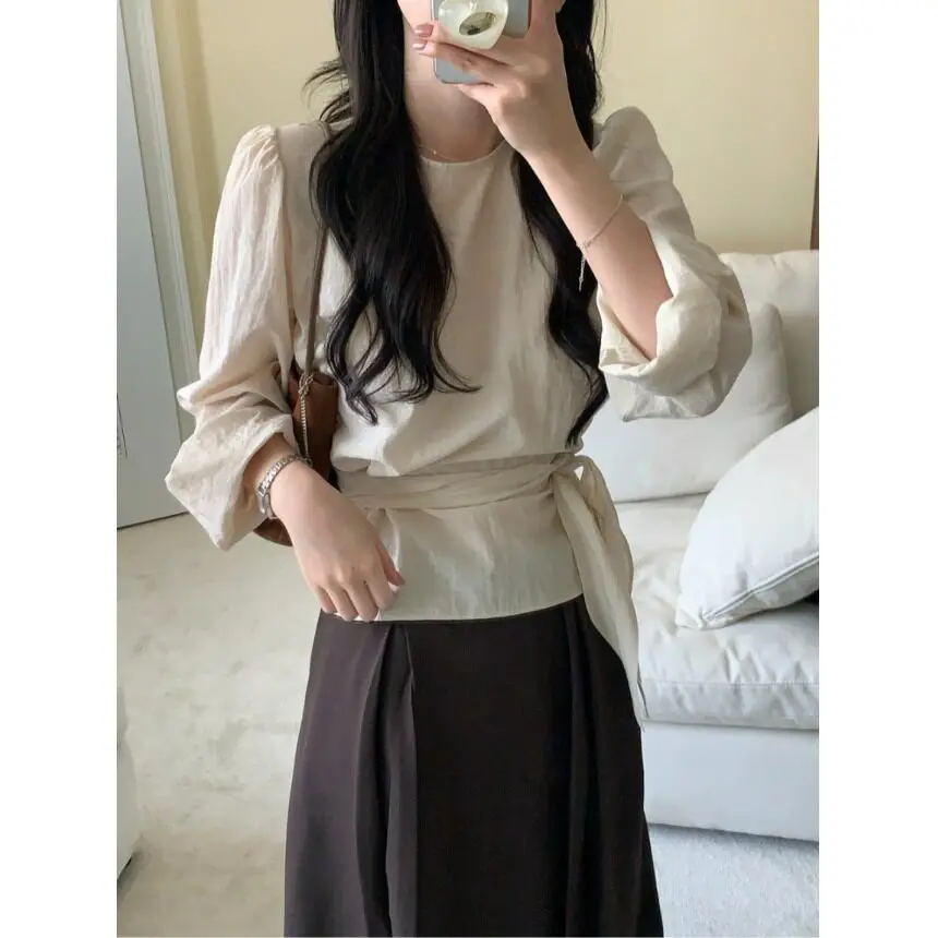 

Elegant Women's Shirt Dongda Gate Spring New Style round Neck Pullover Belted Waist Tie Casual Long Sleeve Polyester Fiber