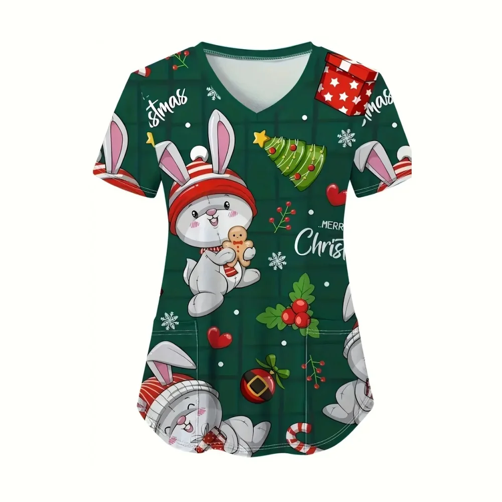 Kerst Verpleegster Uniform Vrouw Sneeuwpop Print Micro-elastische Tandheelkundige Verpleegster Tops Mode V-hals Korte Mouwen Medische Uniformen voor Dames