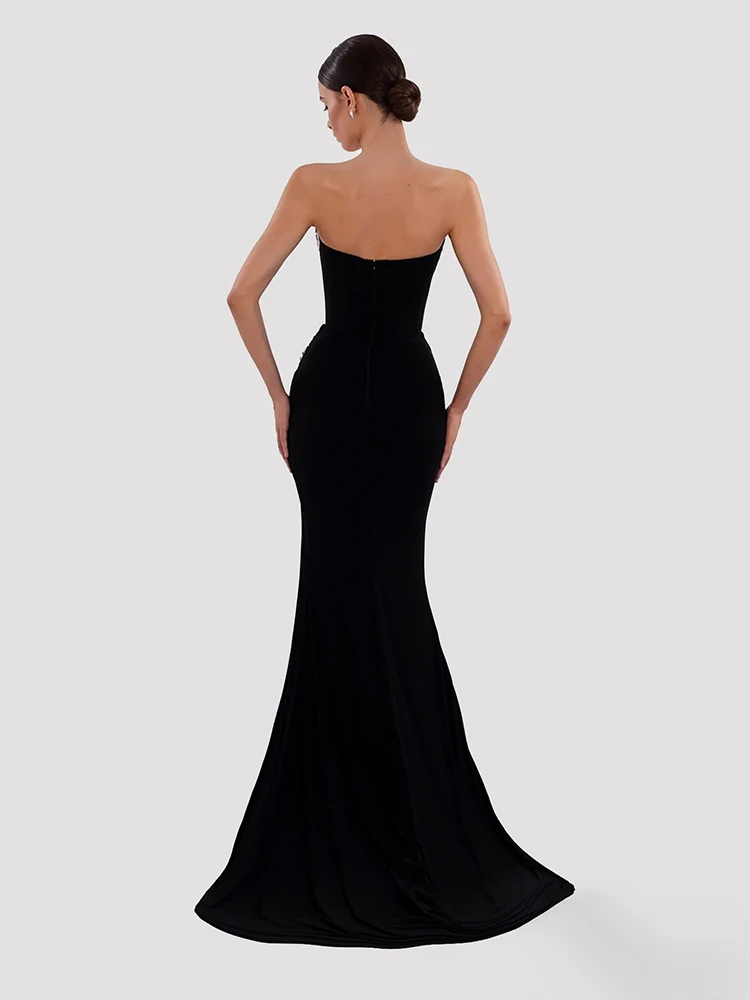 Summer Women Sexy Strapless Backless Crystal Velvet Black Maxi Long Bodycon Gowns Dress Evening Club Party Dress