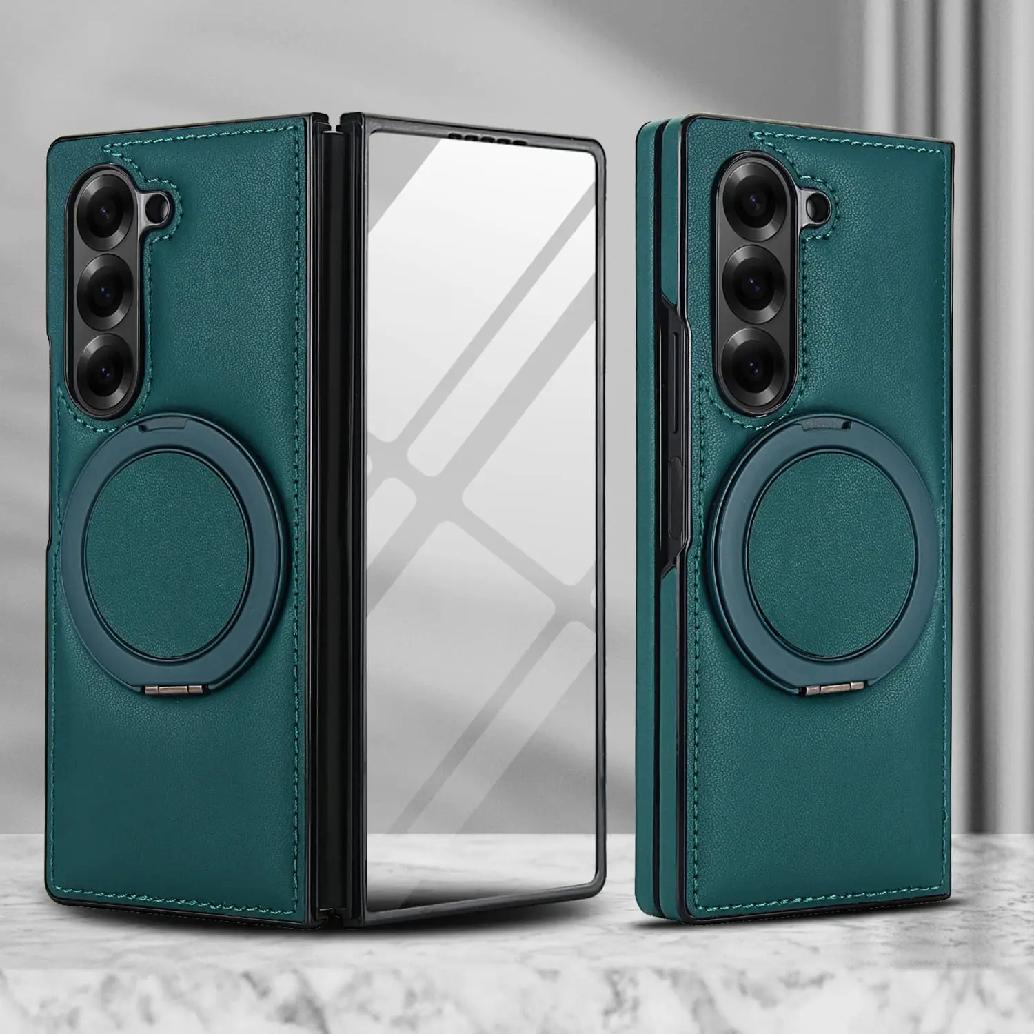 

For Samsung Galaxy Z Fold 7/6/5/4/3 Case, Magnetic Ring Holder, 360° Rotatable Stand, Tempered Glass Screen Protector