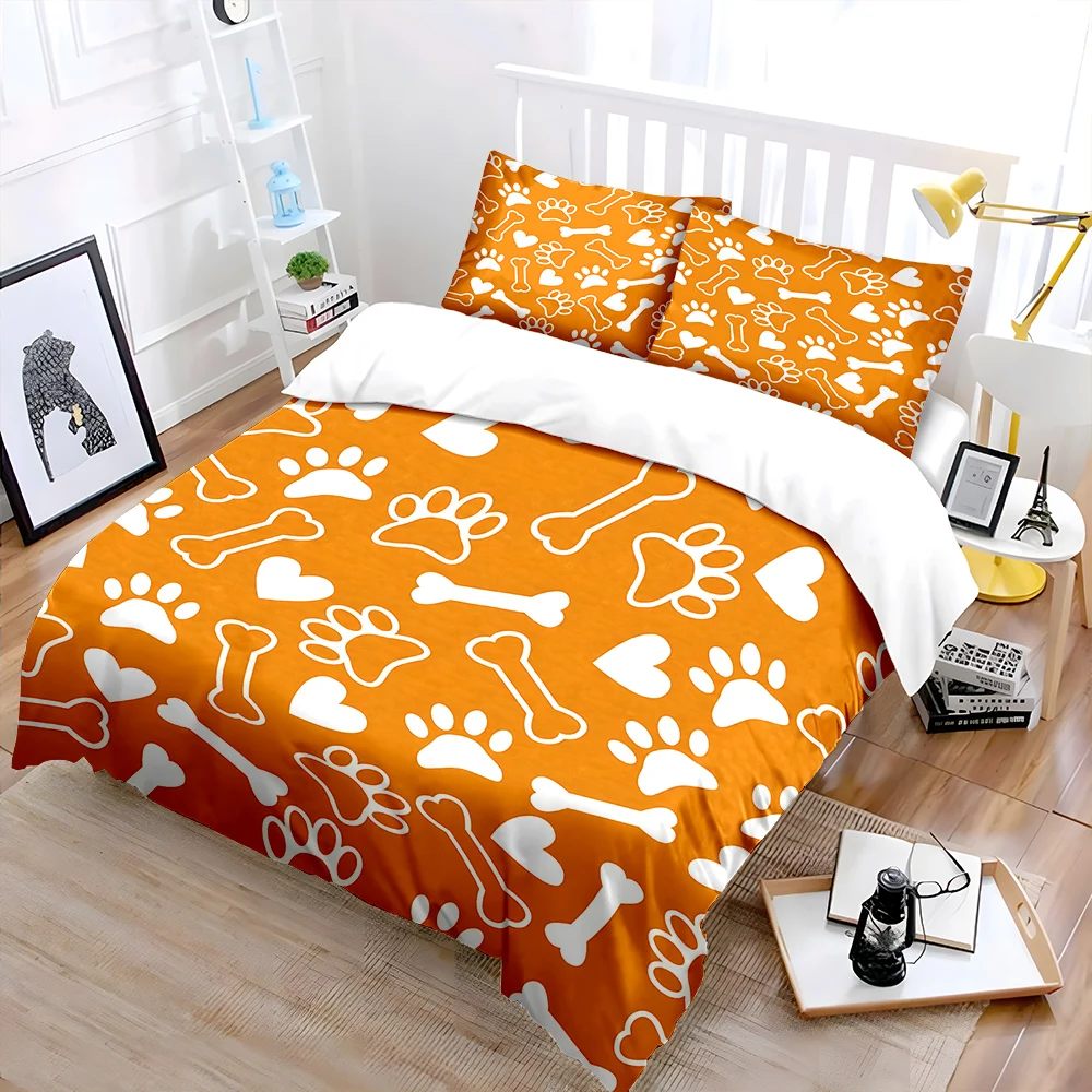 Paw Prints Bones Hearts Pattern Print Bedding Set 1 Duvet Cover 2 Pillowcases for Adult and Children Luxury Gift Full Size