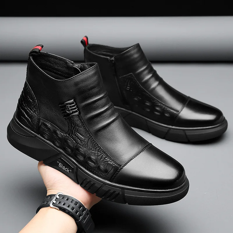 Men's leather boots 2026 new style men's trendy winter cotton shoes with fleece fashionable Chelsea boots  British men's shoes