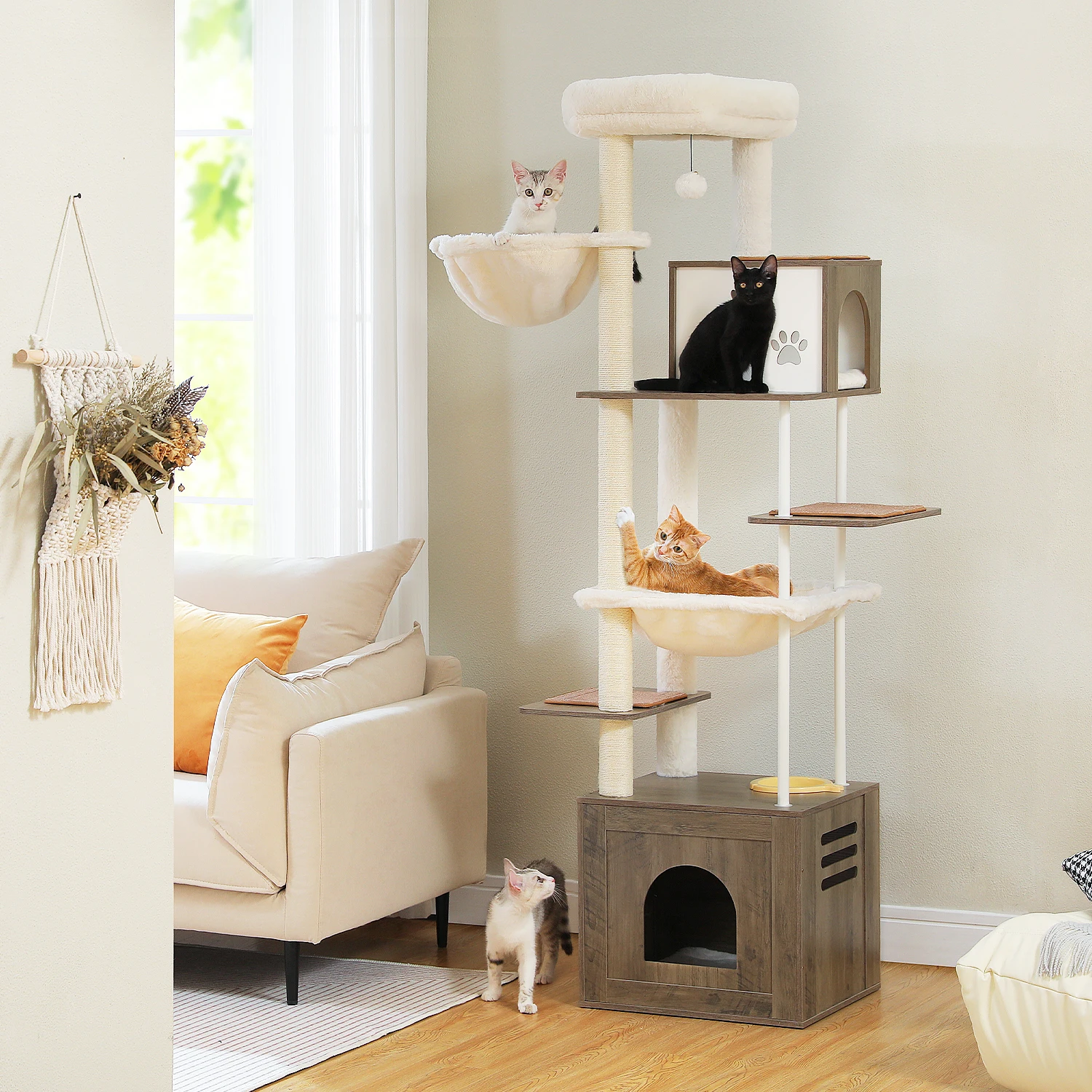 Wooden Cat Tree with Sisal Scratching Posts Large Cat Tower with Cozy Hammocks Spacious Perch Large Condo for Indoor Cat Toys