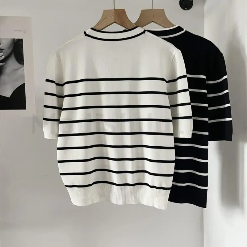 Modishdutti High Quality 2024 Women Fashion Single-Breasted Short Sleeve Striped Knitted Sweater Female Casual Round Neck Tops