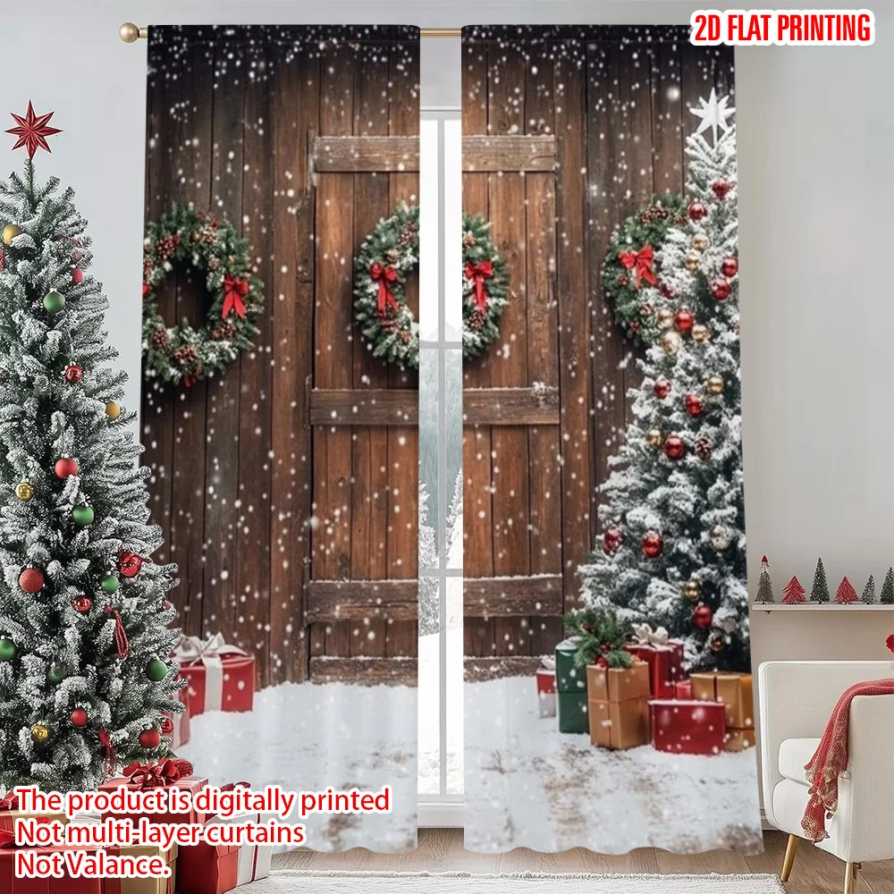 

2pcs 2D flat printing Christmas Curtains Winter barn door with Christmas tree snow scene Versatile Durable Polyester Without
