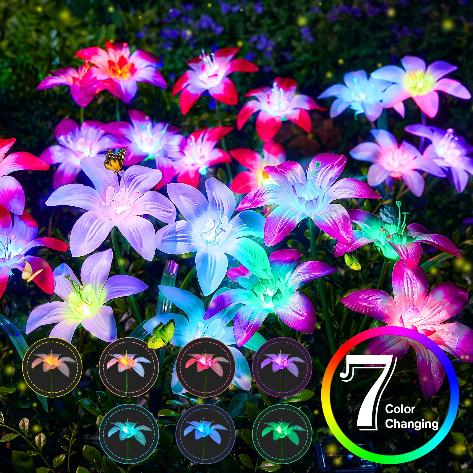 Upgraded Solar Lights 4-Pack | 24 RGB Blooming Lily + 7-Color Flower Lights | Yard/Patio Decor Gift