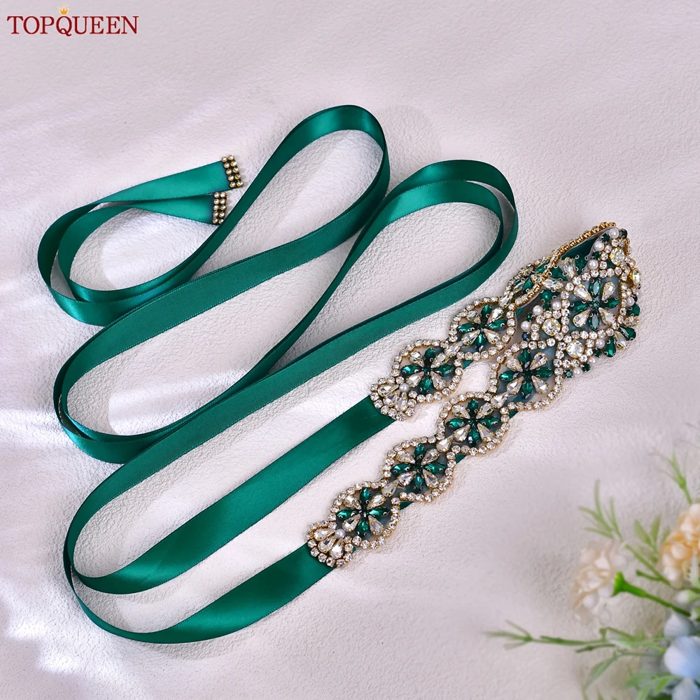 TOPQUEEN ใหม่ชุดเจ้าสาวงานแต่งงานสําหรับผู้หญิง Handmade Luxury SASH อุปกรณ์เสริมทุกวันชุดปาร์ตี้สีเขียว Rhinestone S161-KL