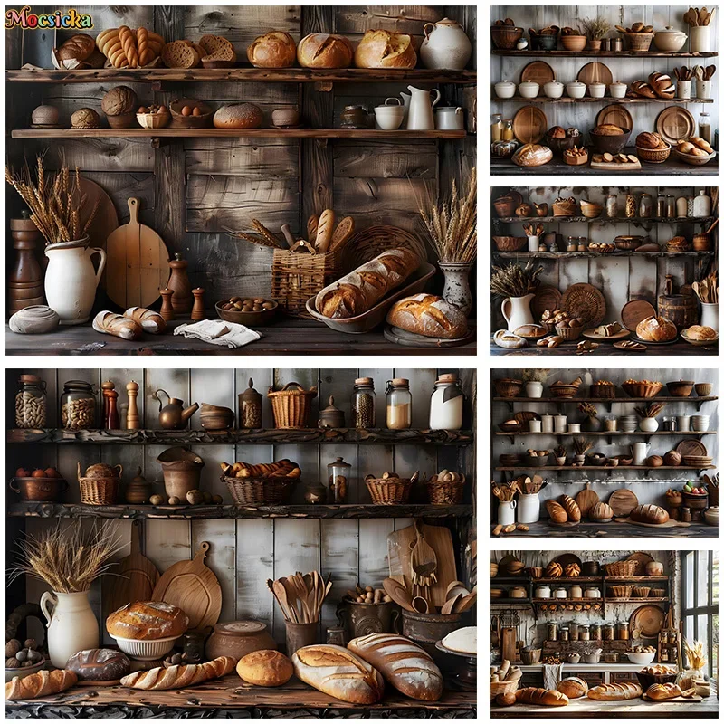 Vintage Bakery Kitchen Photography Backdrop Rustic Wooden Shelf Bread Pastry Jar Utensil Scene for Food Shooting Studio Decor