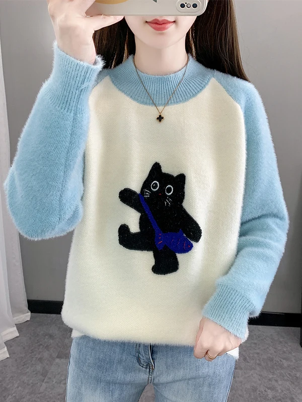 Suéter de Cuello Redondo ueso con Bloques de Color para Niñas, Invierno, Cálido, Tejido, Capa Base, Estilo Dulce, Hoado, ...