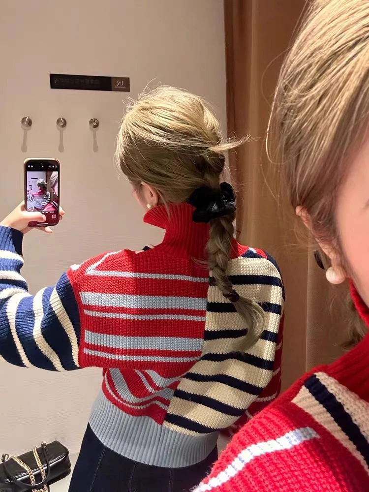 موضة مخطط متماسكة سترة البلوز المرأة الخريف الشتاء كم طويل الرمز البريدي القمم أنيق شيك موضة فضفاضة السيدات لاعبا 2025 #6