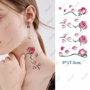 Waterproof Temporary Tattoo Sticker Pink Rose Leaf Flash Tattos Peach Blossom Moon Body Art Arm Leg Fake Tatoo Women Female
