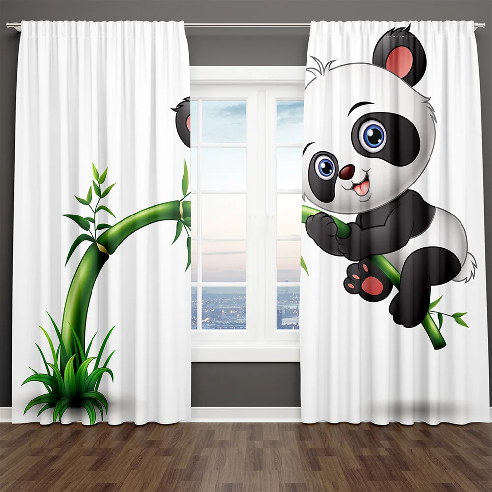 3D Print Modern Cartoon Cute Panda Series Green Leaves 2 Pieces Thin Shading Curtain Living Room Bedroom Home Decor Hook