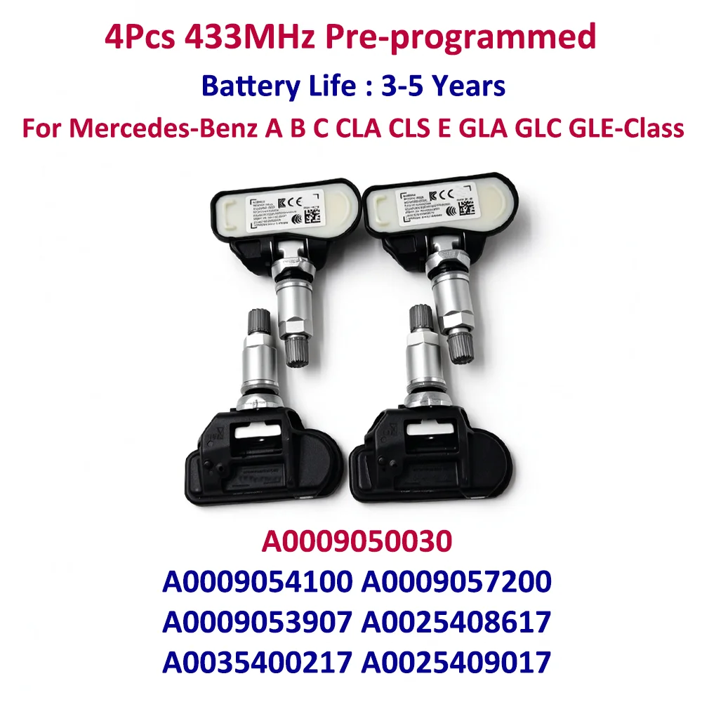 4Pcs Tire Pressure Sensors TPMS 433MHz A0009050030 0009050030 for Mercedes E-Class C207 W212 2009-2016 A B C CLA CLS GLA GLC GLE