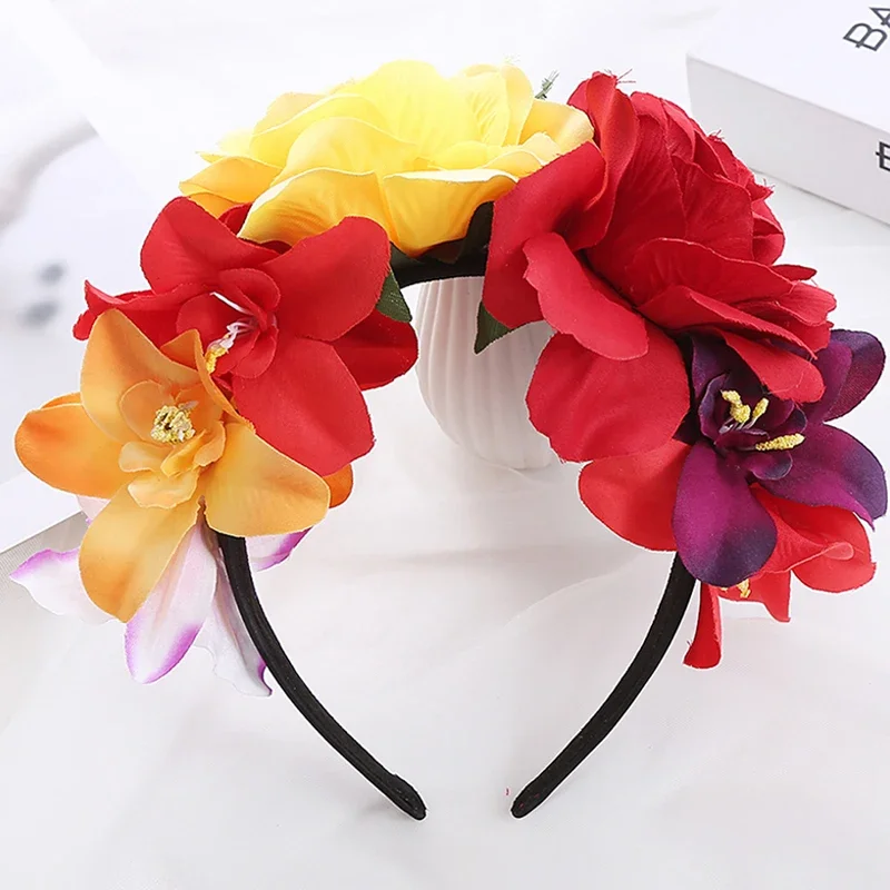 1pc Bride Flower Wreath Rose Headband Costume Rose Mexican Flower Crown Headband Halloween Party Costume Headpiece Masked Ball