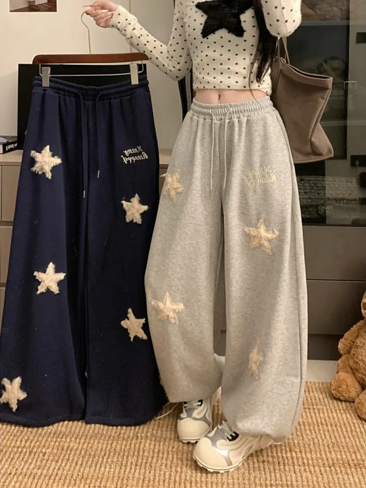 

Retro American Embroidered Fce Lined Star Sports Sweatpants Women Winter Corduroy Dstring Loose Straight Floor Length P...