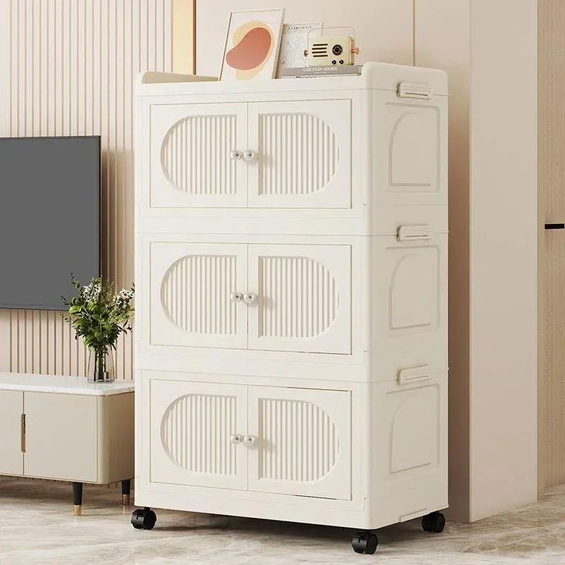 Multi-Layer Folding Storage Cabinet, Double Door Storage Box, Transparent Shelf, Home and Bathroom