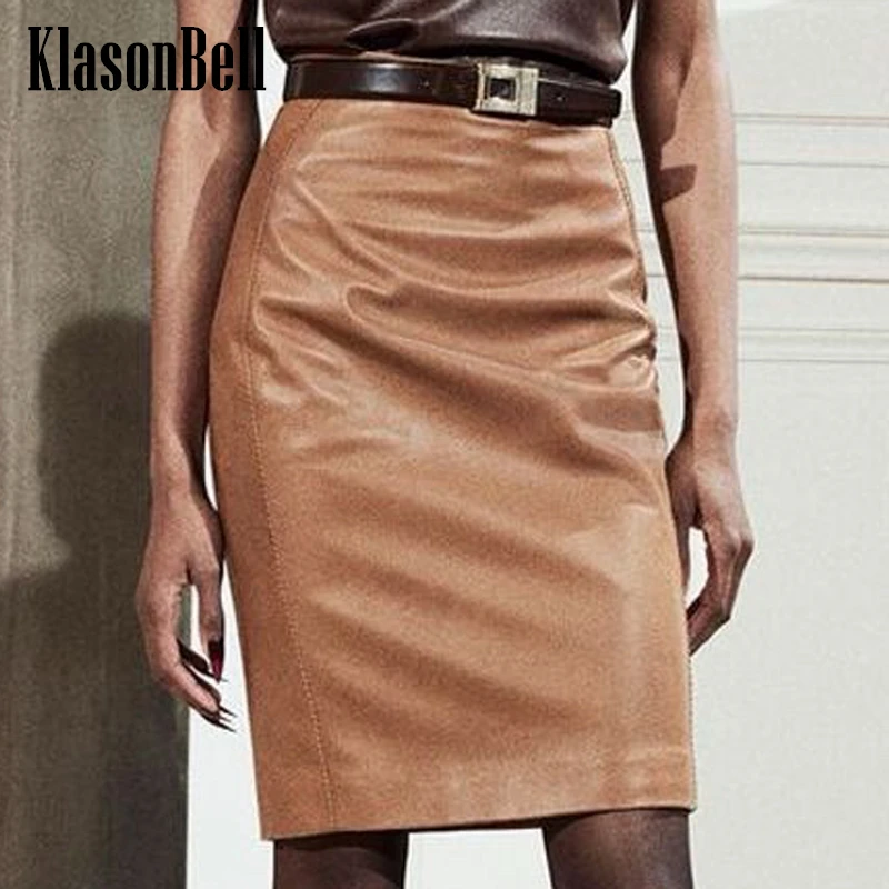 

6.14 KlasonBell Women Elegant Temperament Genuine Leather Skirt High Waist Spliced Back Zipper Knee-Length Party Skirt Beltless