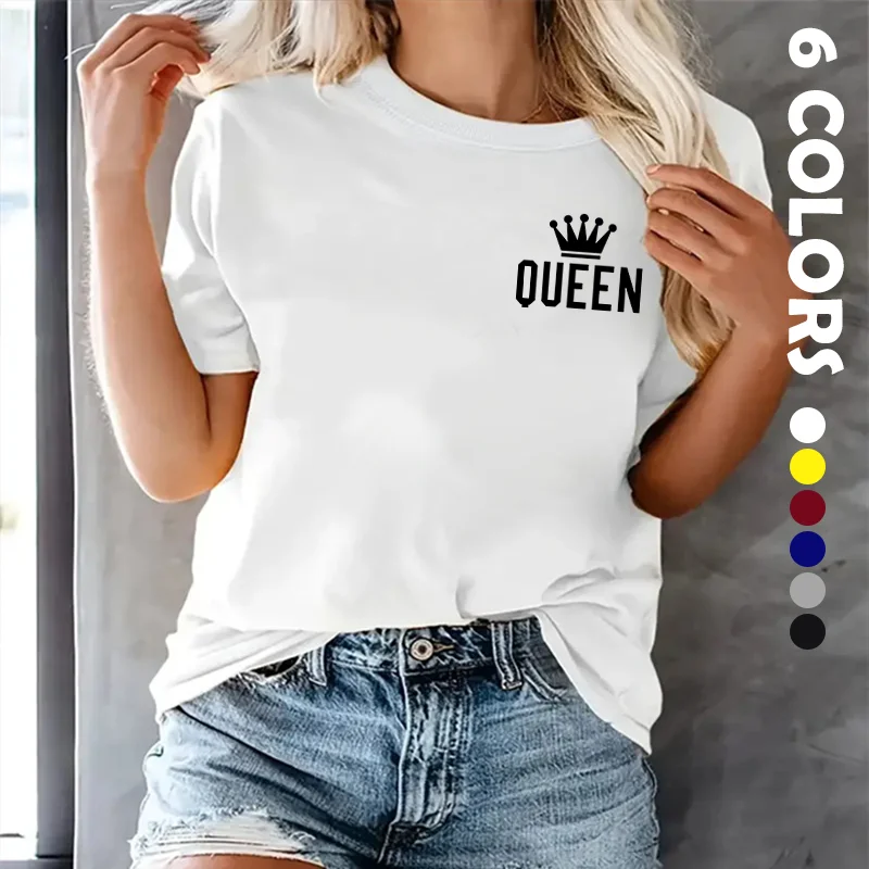 6 Colors Cotton Queen Letter Print Top Short Sleeve Basic Women Tee Clothing 2024 New Fashion Casual Loose Tops