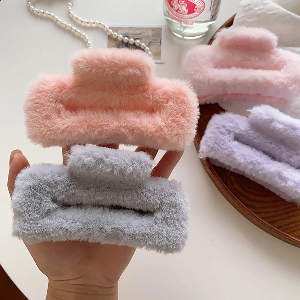 Plush Colorful Hair Claw Faux Fur Square Large Hair Clip Soft Warm Handmade Furry Grab Clip Headwear For Women Hair Accessories