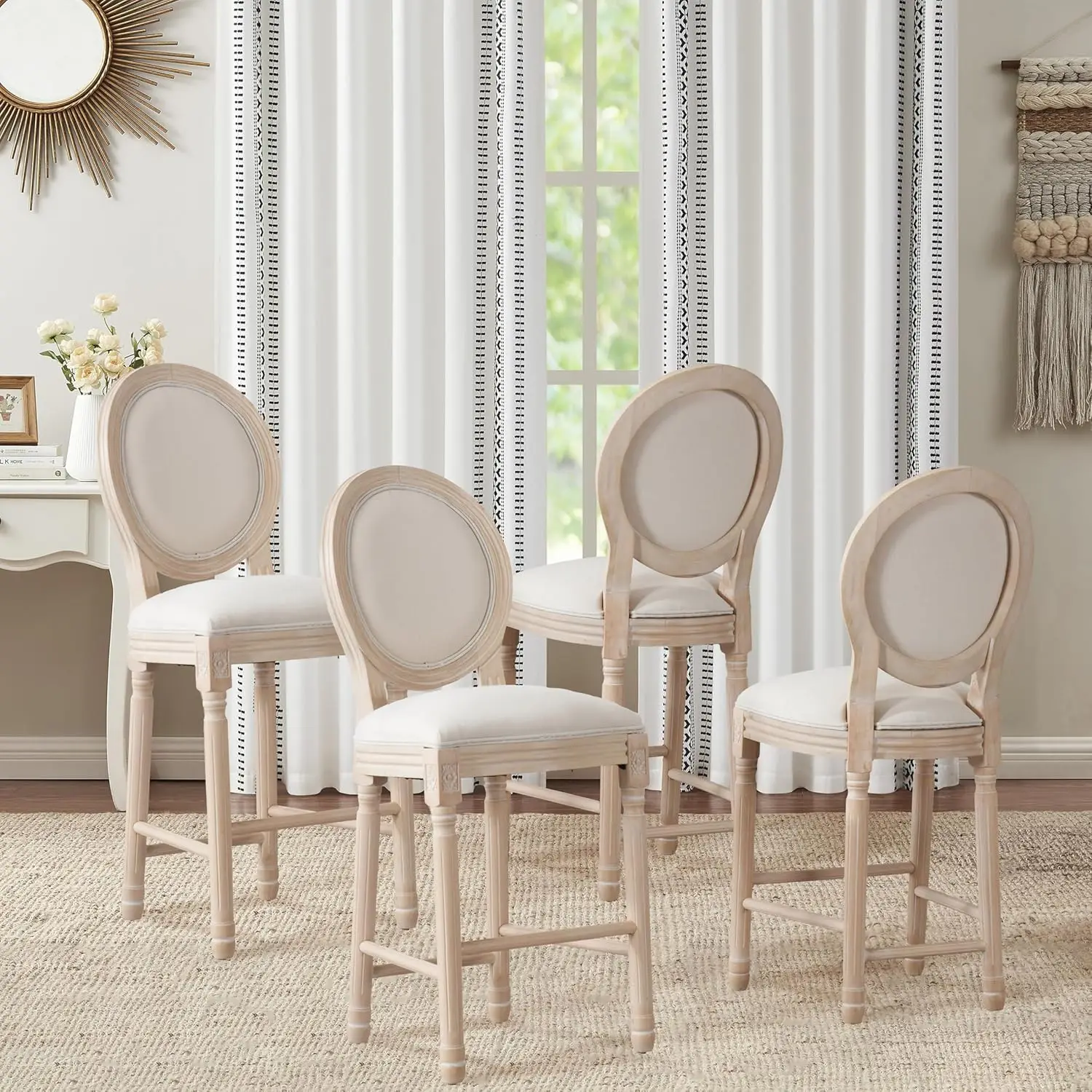 

French Country Bar Stool Set Solid Wood Frame Tall Back Linen Upholstered Armless Kitchen 26in Set of 4, Customized