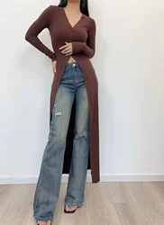 Women V neck Button Maxi Length Ribbed Duster Cardgian  Maillader Brown