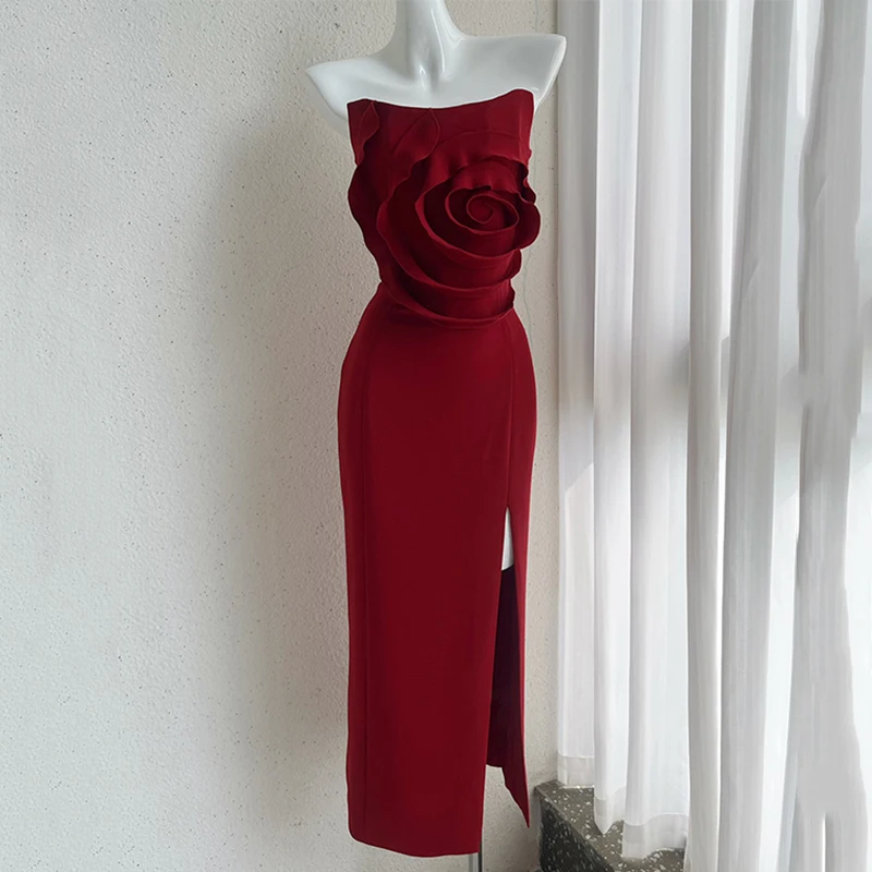 Flores dimensionais vestidos sem alças primavera feminino zíper lateral sem mangas vestido elegante verão cintura alta vestido de embrulho no peito