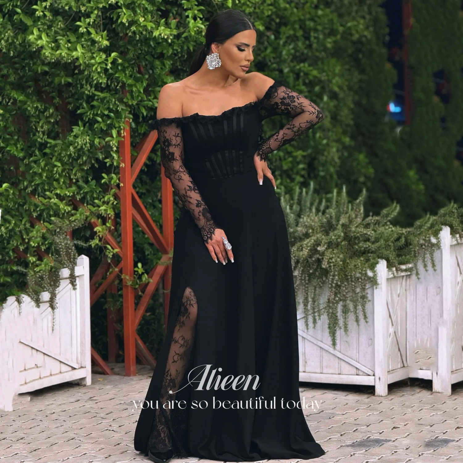 

Aileen Black Chiffon Off Shoulder Evening Dress Hot Sale Long Sleeve A-Line Floor-Length Lace Formal Party Dress Customized