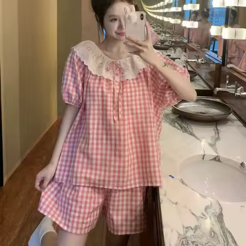Lace Ruffle Lace Grid Pajama Suit Short Sleeve Loose Shorts Camisole Nightwear Round Neck Women Homewear