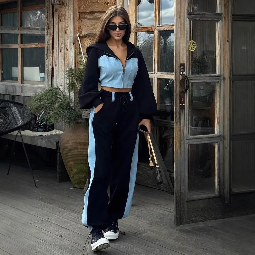 Women's Fashionable Casual Hoodie Set with Denim Patchwork Hooded Top and Pants Two-piece Set