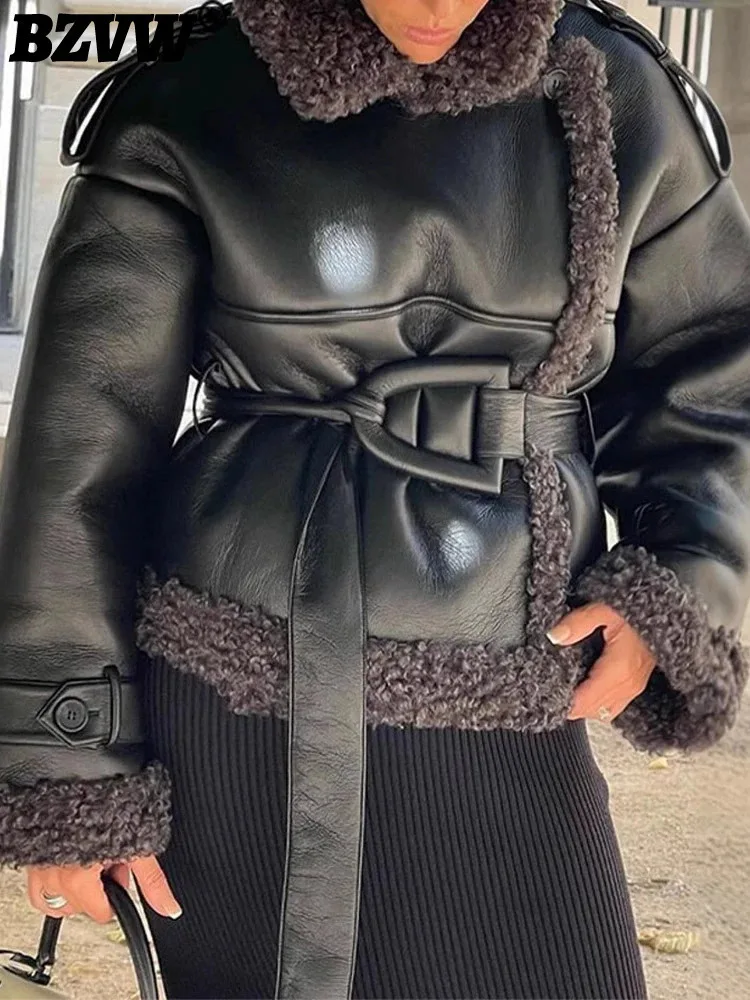 BZVW High-end Double-faced Fur Coat Women's Lapel Collar Long Sleeves Belt Gathered Waist Short Jacket 2024 Winter New 25Z1732