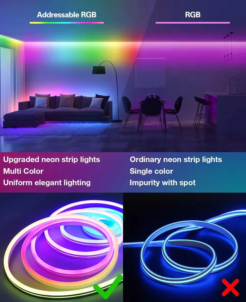 Strisce LED al neon RGB Bluetooth Luci di corda flessibili natalizie impermeabili APP USB/telecomando per decorazioni per sala giochi