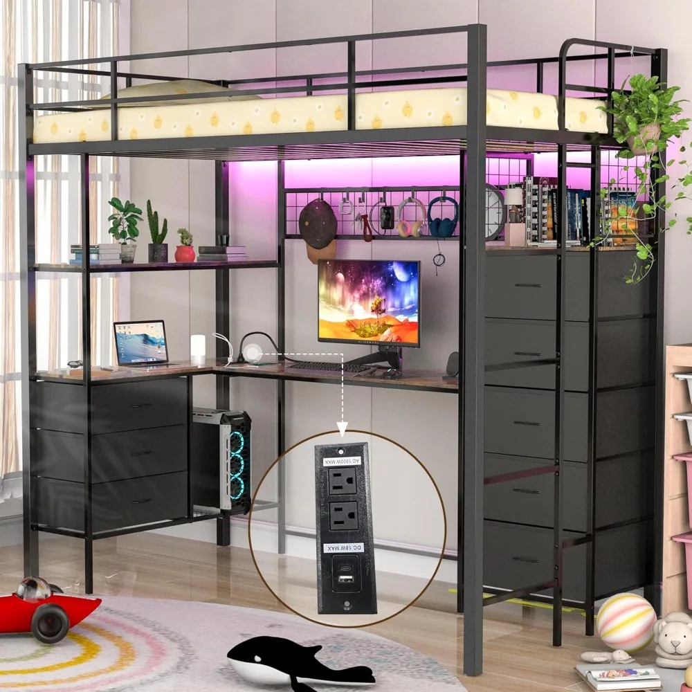 Twin Size Loft Bed with Desk, LED Lights,Charging Station,Industrial Loft Bed Frame with 3 Storage Shelves and 8 Fabric Drawers