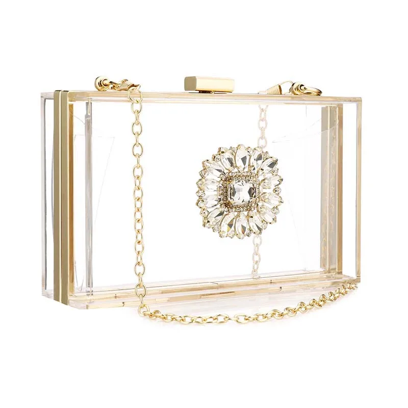 Transparent Acrylic Square Clutch Handbag Floral Diamond Beading Women Evening Party Messenger Purse Crossbody Shoulder Hard Bag