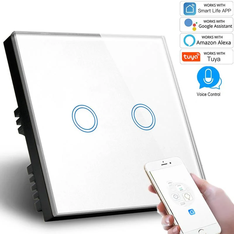 

UK Smart Wifi Wall Light Switch 2Gang Touch/WiFi/APP Remote Control Smart Home Wall Touch Switch work with Alexa,Google