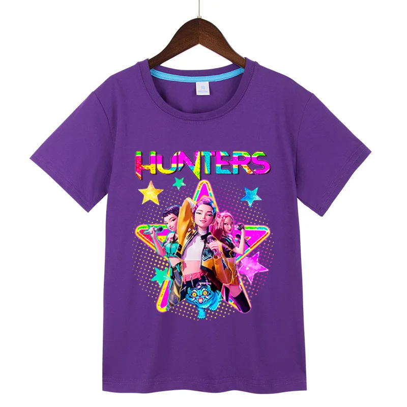 

Kpop Demon Hunters Print Cotton Tee Shirt for Girls - Harajuku Cool Kids Summer Tops Funny Fan Gift Casual Cartoon T-shirts