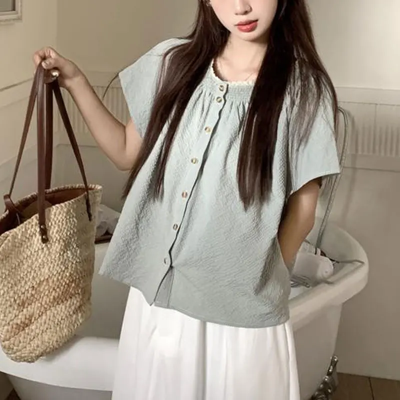 Casual Sweet Lace Spliced Blouse 2024 Summer Korean Short Sleeve Loose Female Clothing Solid Color Commute Single-breasted Shirt