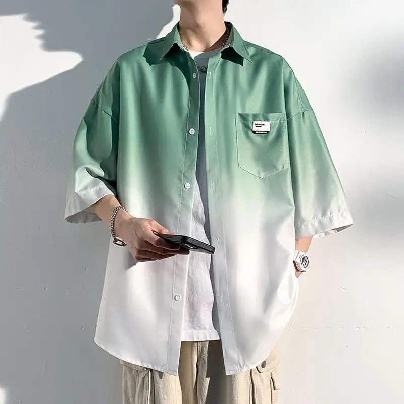 Men's Summer Ice Silk loose Half Sleeve Shirt Versatile Casual Summer Thin Non-iron Anti-wrinkle Flip Collar Top Shirt