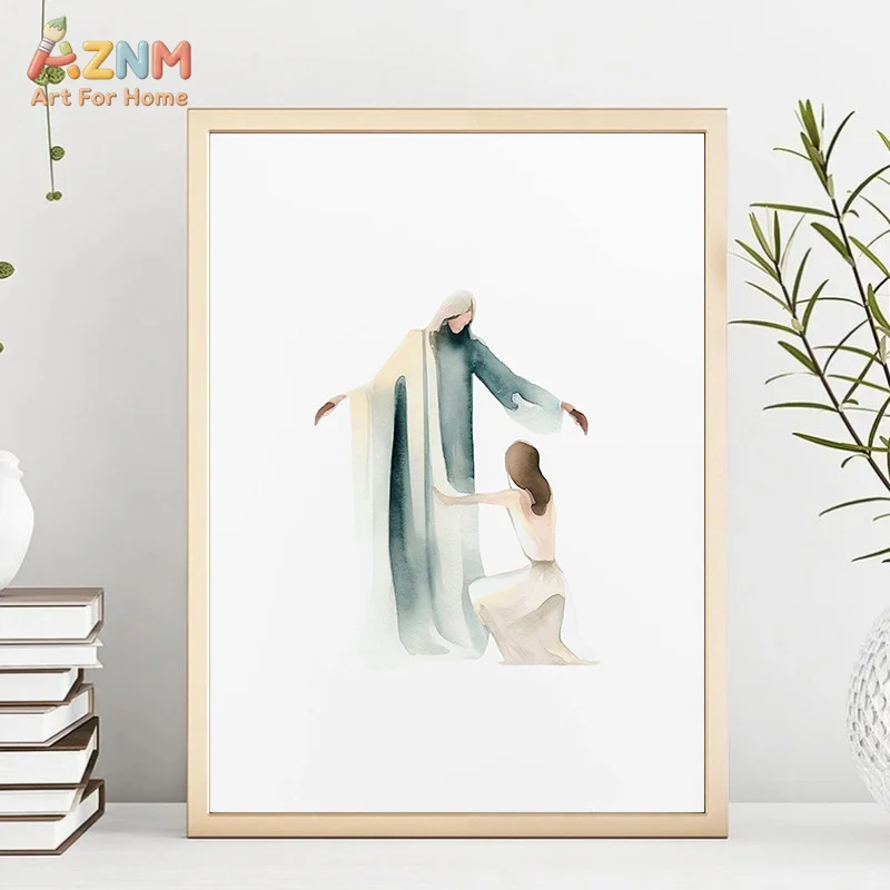 AZNM Minimalist Watercolor Bible Canvas Wall Art Jesus Virgin Mary Noah Ark Christian Religious Soft Watercolor Unframed Canvas