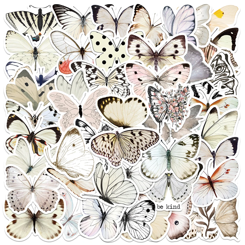 

50pcs White Butterfly Stickers Decals For Phone Laptop Skateboard Suitcase Guitar Aesthetic Stickers Children's Classical Gifts