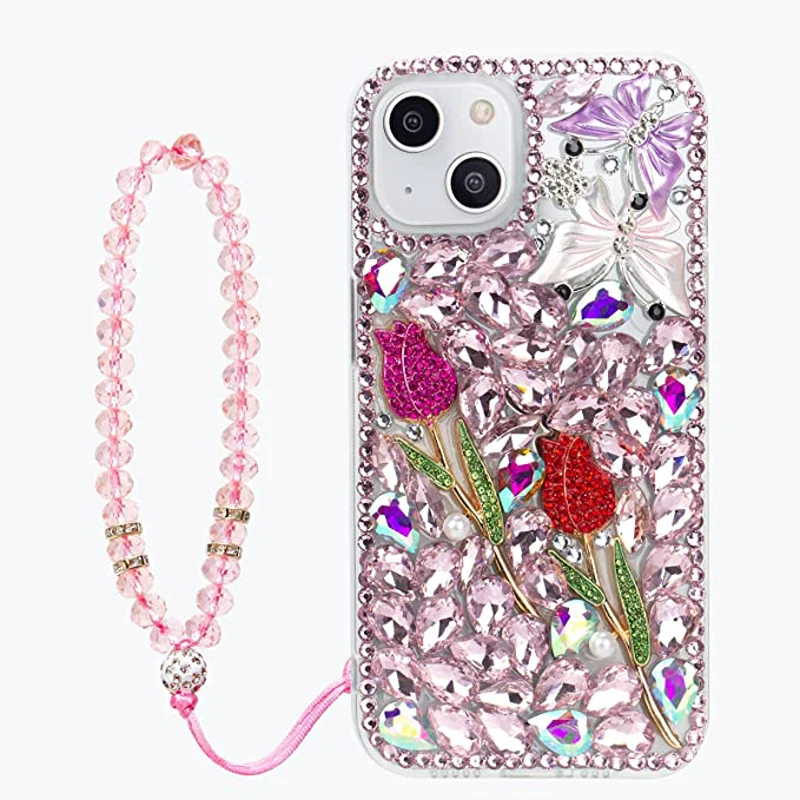 Luxury Sparkle Diamond Crystal Rhinestone Rose Flower Butterfly Case with Strap for Samsung S24 Plus S21 S22 23Ultra Note 20 10