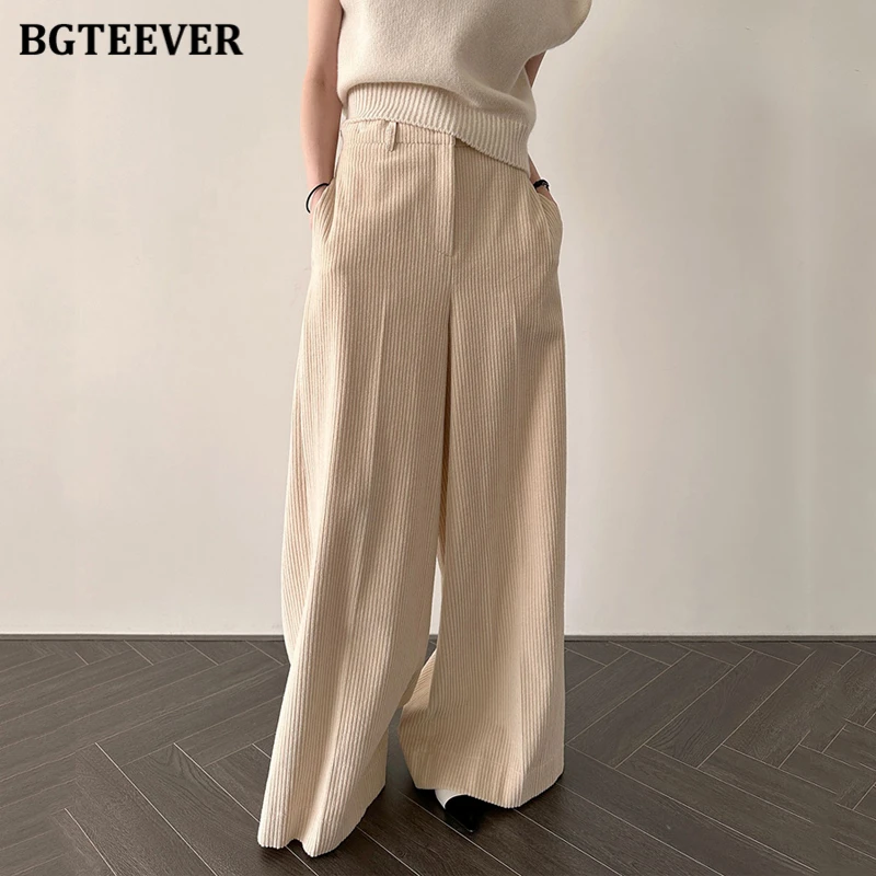 BGTEEVER-Pantalones informales de pierna ancha para mujer, Pantalón de pana con bolsillos sueltos, Primavera