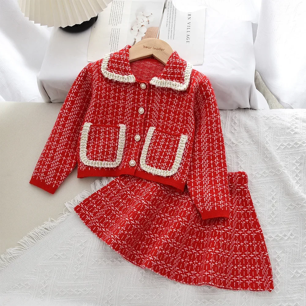 Autumn Winter Fashion Plaid Printed Children's Set Long Sleeved Pocket Cardigan Jacket+Short Skirt Sweet Princess Girls Clothes