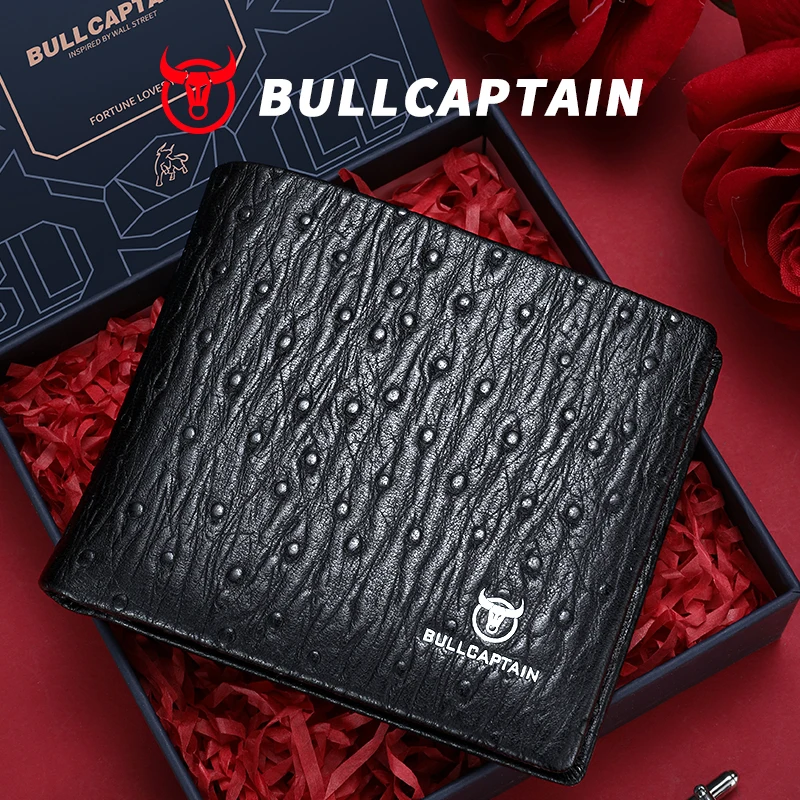 Cartera BULLCAPTAIN para hombre, piel auténtica, RFID, cepillo antirrobo, capa superior Retro, cartera corta de piel de vaca, bolso para hombre extranjero