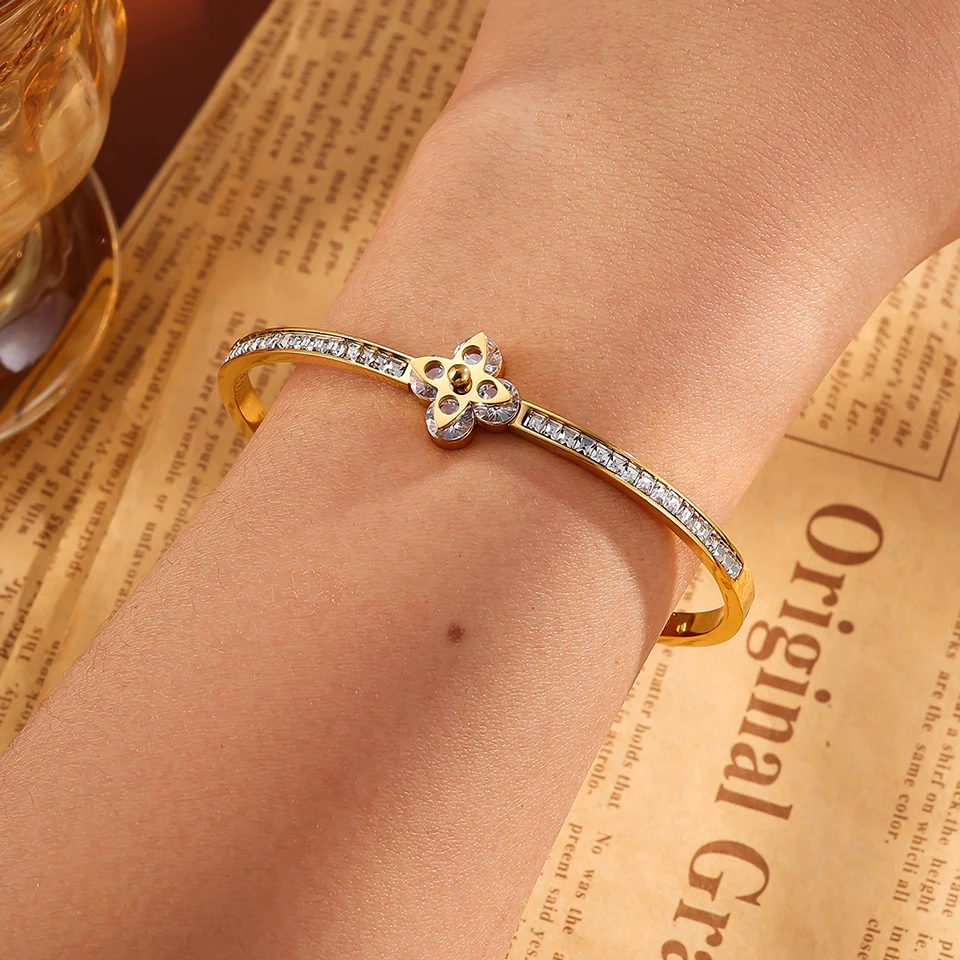 Htpwe الفولاذ المقاوم للصدأ أربع أوراق البرسيم مطعمة الزركونيوم زهرة سوار المرأة مطلي 18 كيلو الذهب زوجين عطلة سوار مجوهرات #6