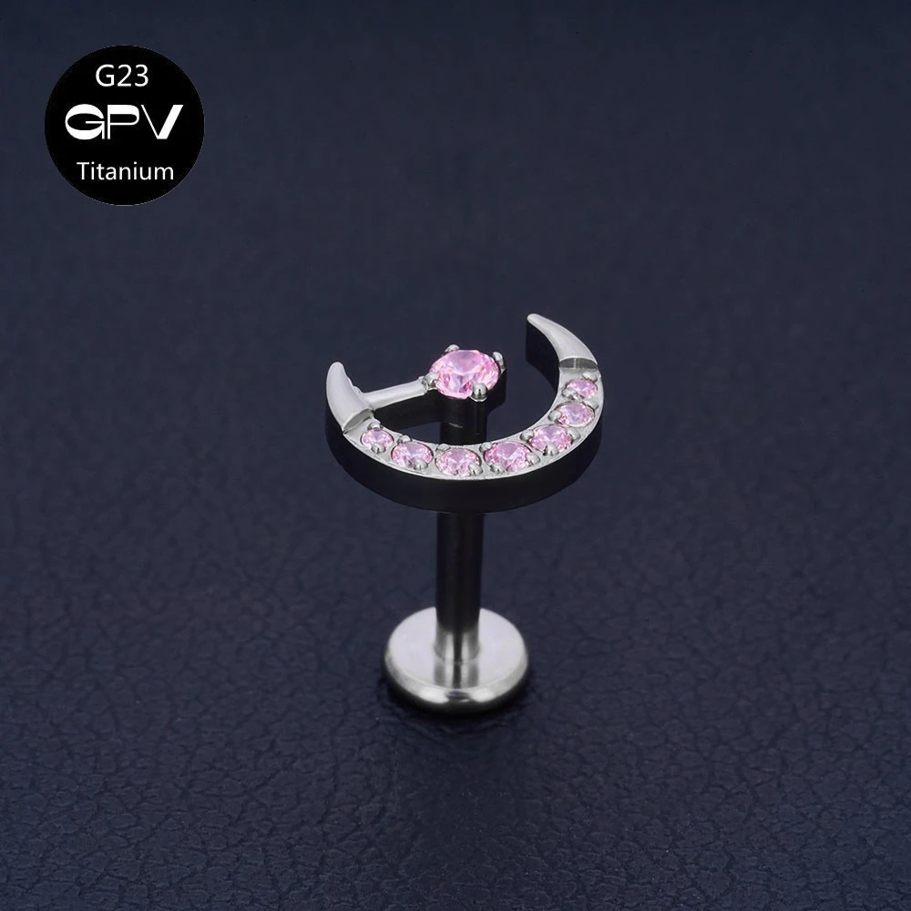 Fashion Sweet Moon Zircon Titanium G23 Ear Bone Stud Inner Thread Female Tragus Piercing Jewelry Party Ear Stud Nose Stud