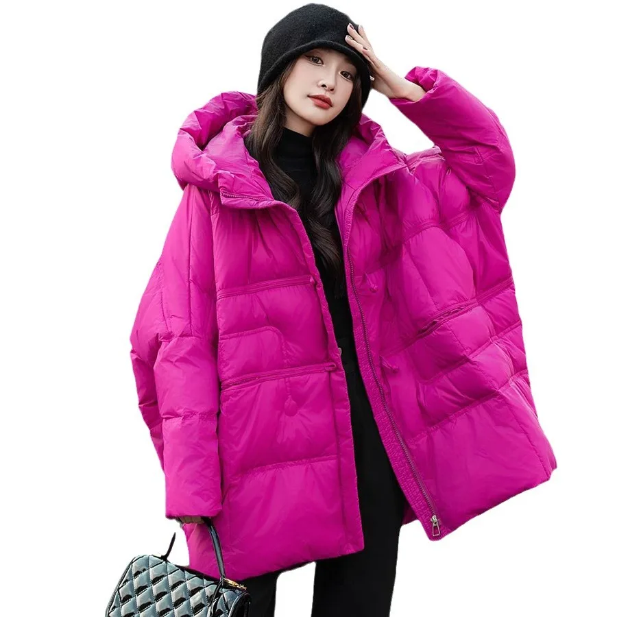 Hooded Down Jacket for Women, Warm Coat, Collision Design, Korean Version, Casual Parker Coat, Winter, New, 2024