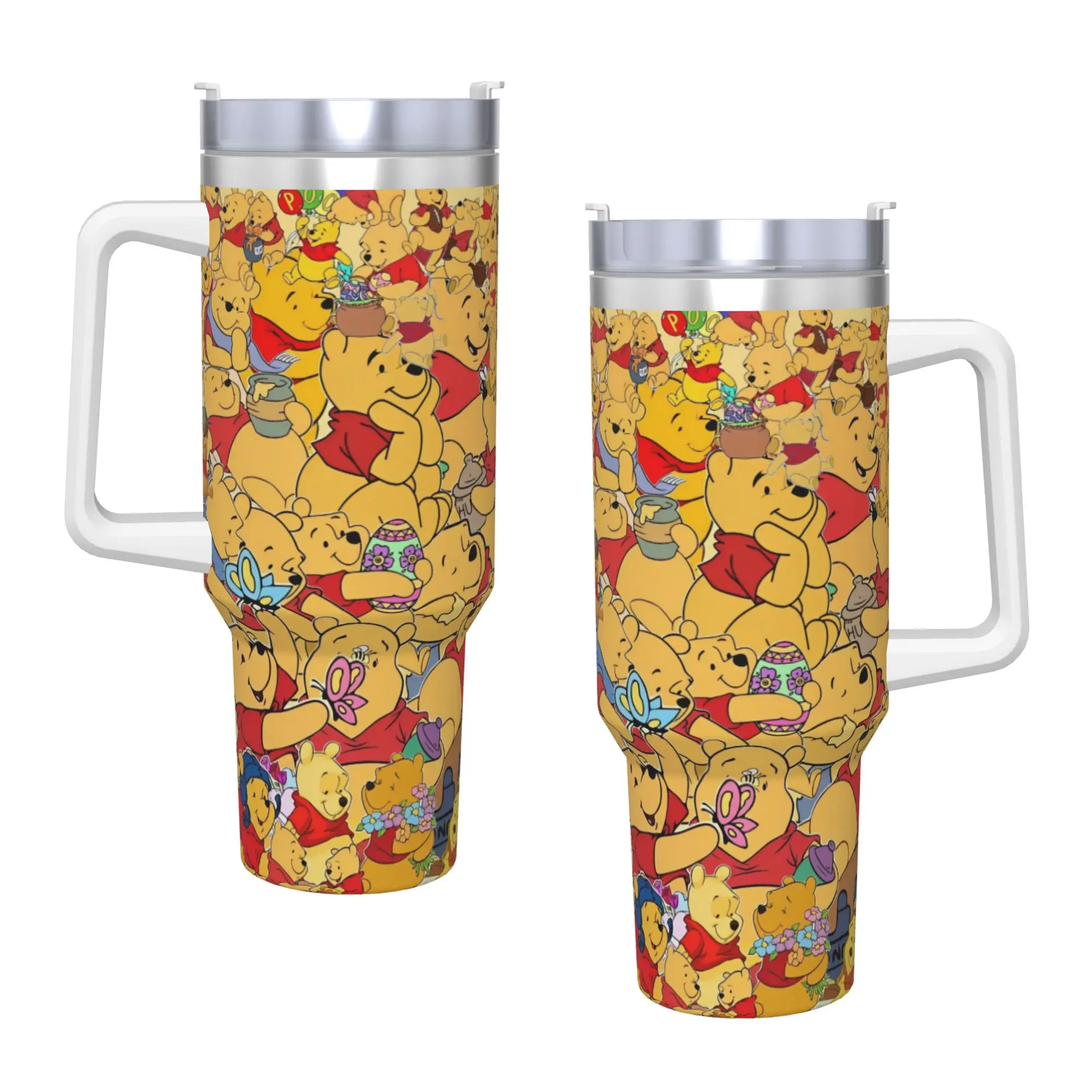 Vaso de Acero Inoxidable con Diseño de Winnie Pooh, Taza de Viaje para Café con Pajitas y Tapa de 40 oz, Tazas para Auto, Botella de Agua para Bebidas Frías