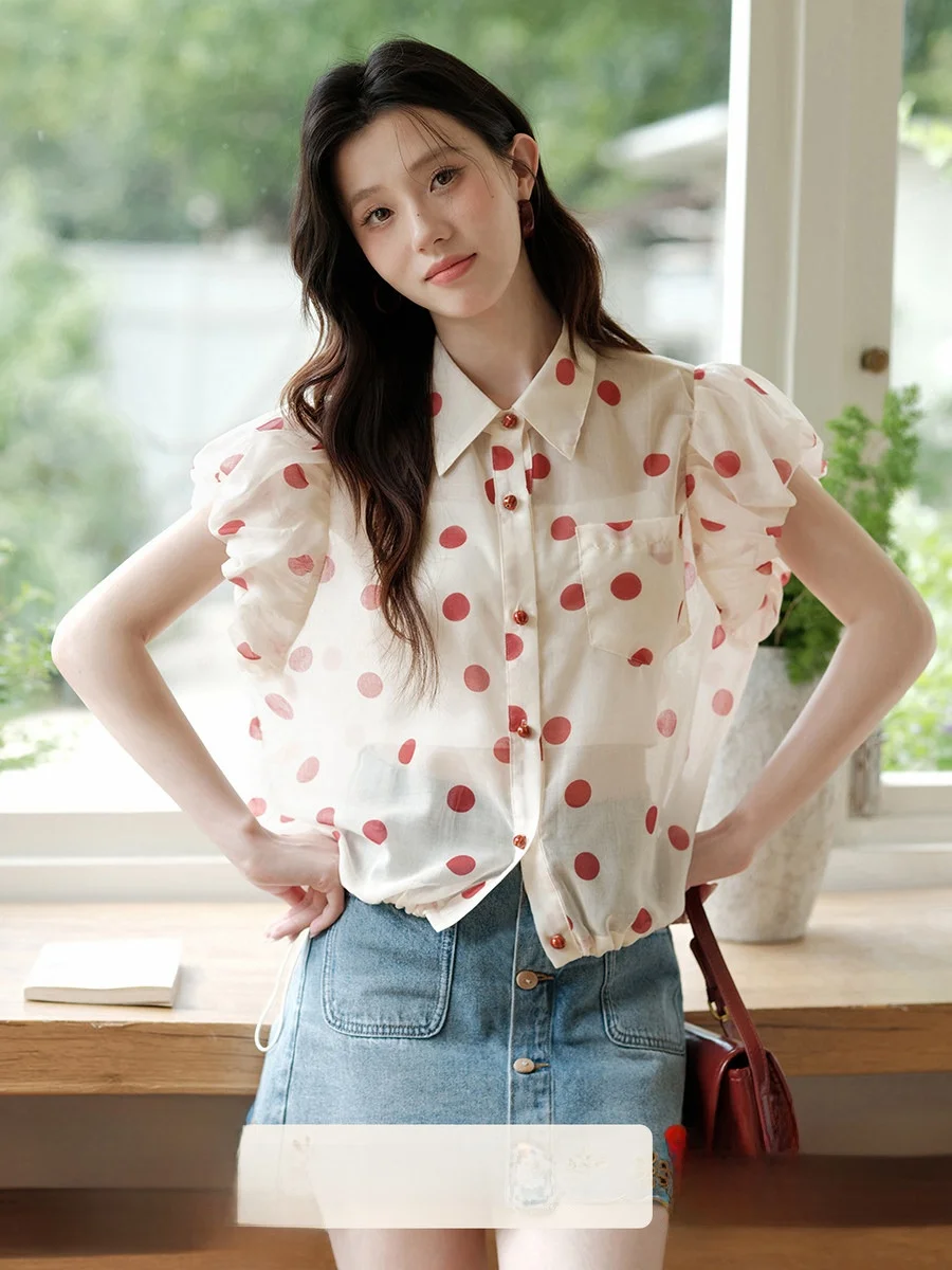 

Красная женская летняя модная блузка в горошек с пышными рукавами, уникальный красивый топ, приятный для кожи, дышащий, повседневный.